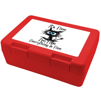 Cat, It's Fine I'm Fine Everything Is Fine, Children's cookie container RED 185x128x65mm (BPA free plastic)