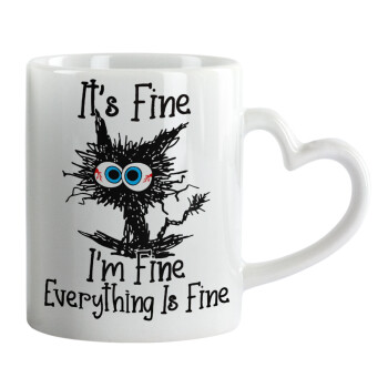 Cat, It's Fine I'm Fine Everything Is Fine, Mug heart handle, ceramic, 330ml