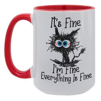 Cat, It's Fine I'm Fine Everything Is Fine, Κούπα Mega 15oz, κεραμική Κόκκινη, 450ml