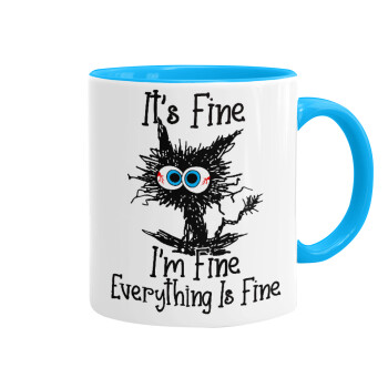 Cat, It's Fine I'm Fine Everything Is Fine, Κούπα χρωματιστή γαλάζια, κεραμική, 330ml
