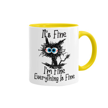 Cat, It's Fine I'm Fine Everything Is Fine, Mug colored yellow, ceramic, 330ml