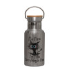 Stainless steel metallic thermos flask, silver with a bamboo lid, double-walled, 350ml.