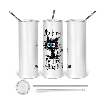 Cat, It's Fine I'm Fine Everything Is Fine, 360 Eco friendly stainless steel tumbler 600ml, with metal straw & cleaning brush