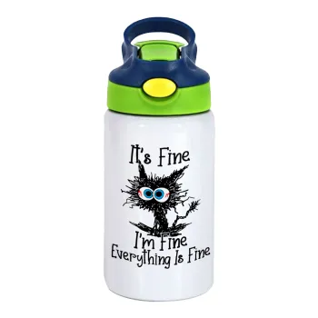 Cat, It's Fine I'm Fine Everything Is Fine, Children's hot water bottle, stainless steel, with safety straw, green, blue (350ml)