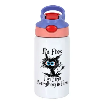 Cat, It's Fine I'm Fine Everything Is Fine, Children's hot water bottle, stainless steel, with safety straw, pink/purple (350ml)