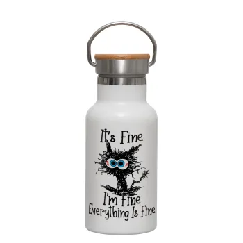 Cat, It's Fine I'm Fine Everything Is Fine, Metallic thermos (Stainless steel) White with wooden lid (bamboo), double-walled, 350ml
