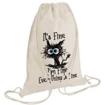 Cat, It's Fine I'm Fine Everything Is Fine, Τσάντα πλάτης πουγκί GYMBAG natural (28x40cm)