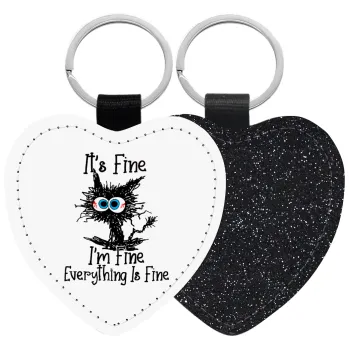 Cat, It's Fine I'm Fine Everything Is Fine, Μπρελόκ PU δερμάτινο glitter καρδιά ΜΑΥΡΟ