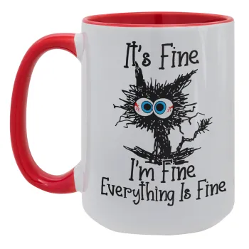 Cat, It's Fine I'm Fine Everything Is Fine, Κούπα Mega 15oz, κεραμική Κόκκινη, 450ml