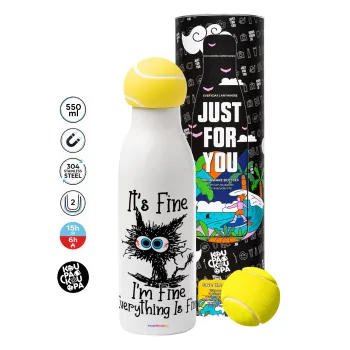 Cat, It's Fine I'm Fine Everything Is Fine, Tennis ball Metal mug thermos White, double wall, 550ml