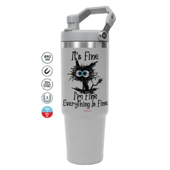 Cat, It's Fine I'm Fine Everything Is Fine, GREY color, 890ml (30oz) stainless Steel Tumbler with Handle