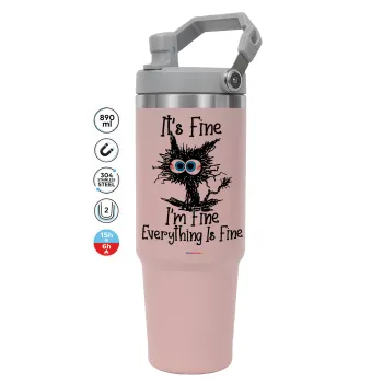 Cat, It's Fine I'm Fine Everything Is Fine, Pink color, 890ml (30oz) stainless Steel Tumbler with Handle