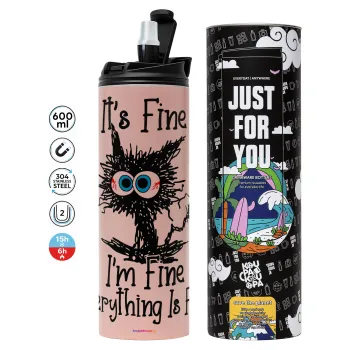 Cat, It's Fine I'm Fine Everything Is Fine, Tumbler stainless steel PINK 600ml