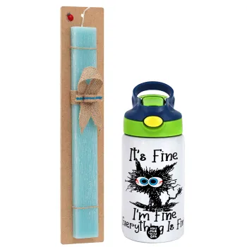 Cat, It's Fine I'm Fine Everything Is Fine, Easter Set, Children's thermal stainless steel bottle with safety straw, green/blue (350ml) & aromatic flat Easter candle (30cm) (TURQUOISE)