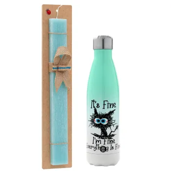 Cat, It's Fine I'm Fine Everything Is Fine, Easter Set, Metallic green/white thermos (Stainless steel), double-walled, 500ml & scented flat Easter candle (30cm) (TURQUOISE)