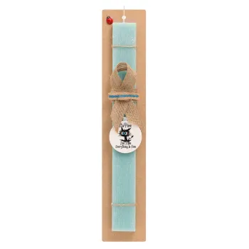 Cat, It's Fine I'm Fine Everything Is Fine, Easter Set, wooden keychain & aromatic flat Easter candle (30cm) (TURQUOISE)