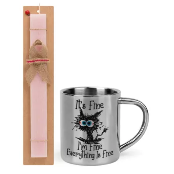 Cat, It's Fine I'm Fine Everything Is Fine, Easter Set, metallic thermal cup (300ml) & aromatic flat Easter candle (30cm) (PINK)