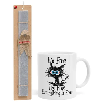 Cat, It's Fine I'm Fine Everything Is Fine, Πασχαλινή Λαμπάδα με Κούπα κεραμική (330ml) & κερί αρωματικό πλακέ (30cm) (ΓΚΡΙ)