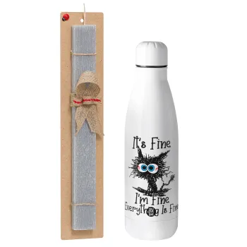 Cat, It's Fine I'm Fine Everything Is Fine, Easter Set, metallic stainless thermos bottle (500ml) & scented flat Easter candle (30cm) (GRAY)