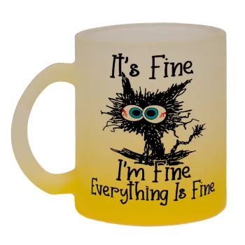 Cat, It's Fine I'm Fine Everything Is Fine, Κούπα γυάλινη δίχρωμη με βάση το κίτρινο ματ, 330ml