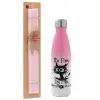 Easter Set, Metallic pink/white (Stainless steel) thermos, double-walled, 500ml & aromatic flat Easter candle (30cm) (PINK)