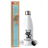 Easter Set, metallic stainless steel water bottle (750ml) & aromatic flat Easter candle (30cm) (TURQUOISE)