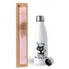 Easter Set, metallic stainless steel water bottle (750ml) & scented flat Easter candle (30cm) (PINK)