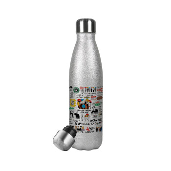 Friends, Metallic Glitter Silver Thermos Flask (Stainless steel), double-walled, 500ml
