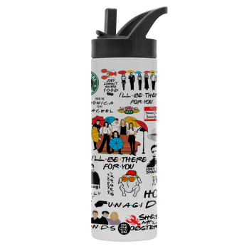 Friends, Metallic thermos bottle with straw & handle, stainless steel (Stainless steel 304), double-walled, 600ml.