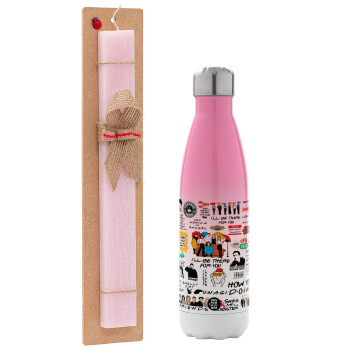 Friends, Easter Set, Metallic pink/white (Stainless steel) thermos, double-walled, 500ml & aromatic flat Easter candle (30cm) (PINK)