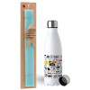 Easter Set, metallic stainless steel water bottle (750ml) & aromatic flat Easter candle (30cm) (TURQUOISE)