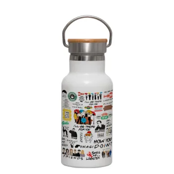 Friends, Metallic thermos (Stainless steel) White with wooden lid (bamboo), double-walled, 350ml