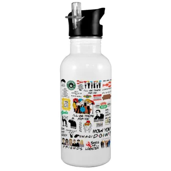 Friends, White water bottle with straw, stainless steel 600ml