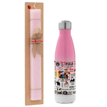 Friends, Easter Set, Metallic pink/white (Stainless steel) thermos, double-walled, 500ml & aromatic flat Easter candle (30cm) (PINK)