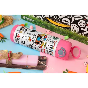 Friends, Easter candle, Childrens hot water bottle, stainless steel, with safety straw, PINK (500ml)