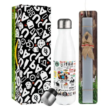 Friends, Easter candle, metallic white thermos bottle (500ml) & aromatic flat candle (30cm) (GRAY)