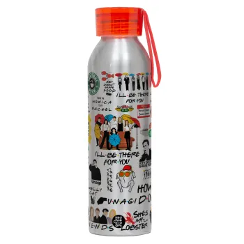 Friends, Αλουμινένιο Αθλητικό Μπουκάλι 650ml – Ασημί με Κόκκινο Καπάκι και Λουράκι Σιλικόνης