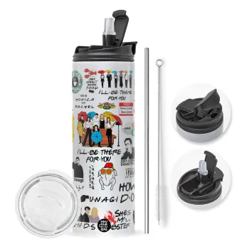 Friends, Travel Tumbler θερμό με διπλό καπάκι, μεταλλικό καλαμάκι και βούρτσα καθαρισμού (Ανωξείδωτο 304 Food grade, BPA free, 600ml)