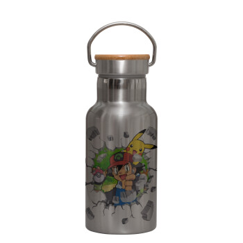 Pokemon brick, Stainless steel metallic thermos flask, silver with a bamboo lid, double-walled, 350ml.