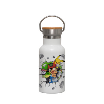 Pokemon brick, Μεταλλικό παγούρι θερμός (Stainless steel) Λευκό με ξύλινο καπακι (bamboo), διπλού τοιχώματος, 350ml