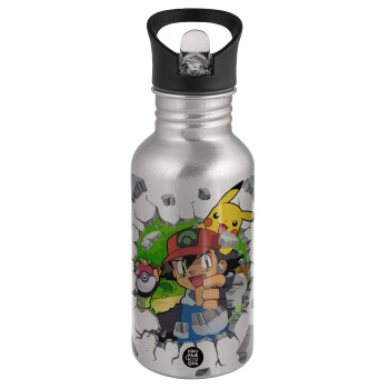 Pokemon brick, Water bottle Silver with straw, stainless steel 500ml