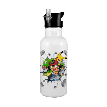 Pokemon brick, White water bottle with straw, stainless steel 600ml