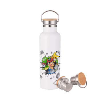 Pokemon brick, Stainless steel White with wooden lid (bamboo), double wall, 750ml