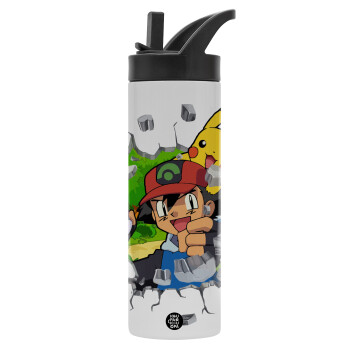 Pokemon brick, Metallic thermos bottle with straw & handle, stainless steel (Stainless steel 304), double-walled, 600ml.