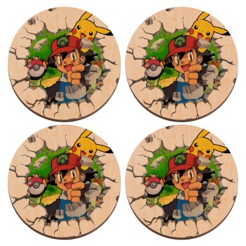 Pokemon brick, ΣΕΤ x4 Σουβέρ ξύλινα στρογγυλά plywood (9cm)