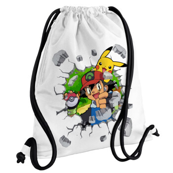 Pokemon brick, Τσάντα πλάτης πουγκί GYMBAG λευκή, με τσέπη (40x48cm) & χονδρά κορδόνια