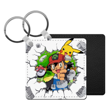 Pokemon brick, Μπρελόκ Δερματίνη, τετράγωνο ΜΑΥΡΟ (5x5cm)