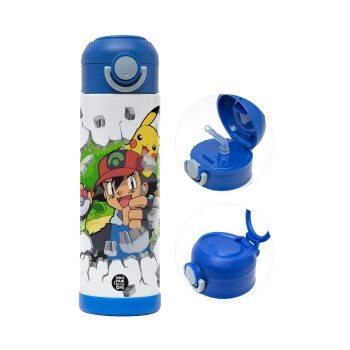 Pokemon brick, Children's hot water bottle, stainless steel, with safety straw, BLUE (500ml)