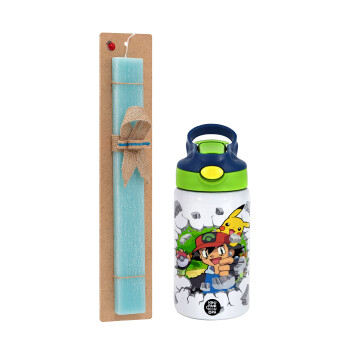 Pokemon brick, Easter Set, Children's thermal stainless steel bottle with safety straw, green/blue (350ml) & aromatic flat Easter candle (30cm) (TURQUOISE)