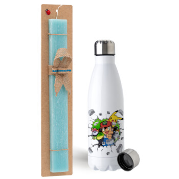 Pokemon brick, Easter Set, metallic stainless steel water bottle (750ml) & aromatic flat Easter candle (30cm) (TURQUOISE)
